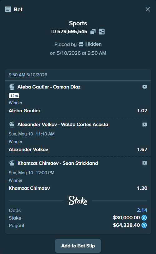 Bet slip: Khamzat Chimaev - Sean Strickland, $30,000.00 stake at 1.20 odds, placed by Hidden