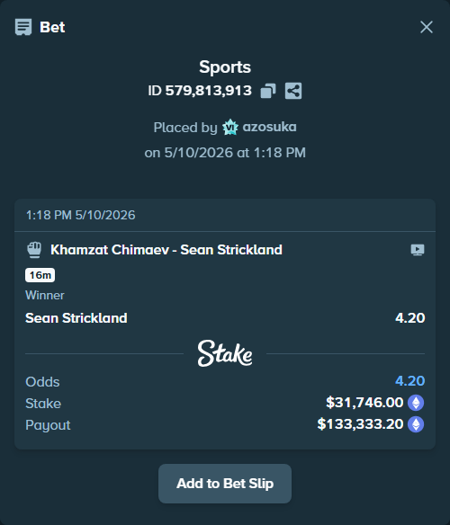 Bet slip: Khamzat Chimaev - Sean Strickland, $23,673.87 stake at 4.20 odds, placed by azosuka