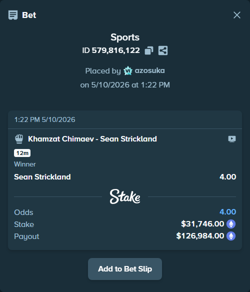 Bet slip: Khamzat Chimaev - Sean Strickland, $23,673.87 stake at 4.00 odds, placed by azosuka