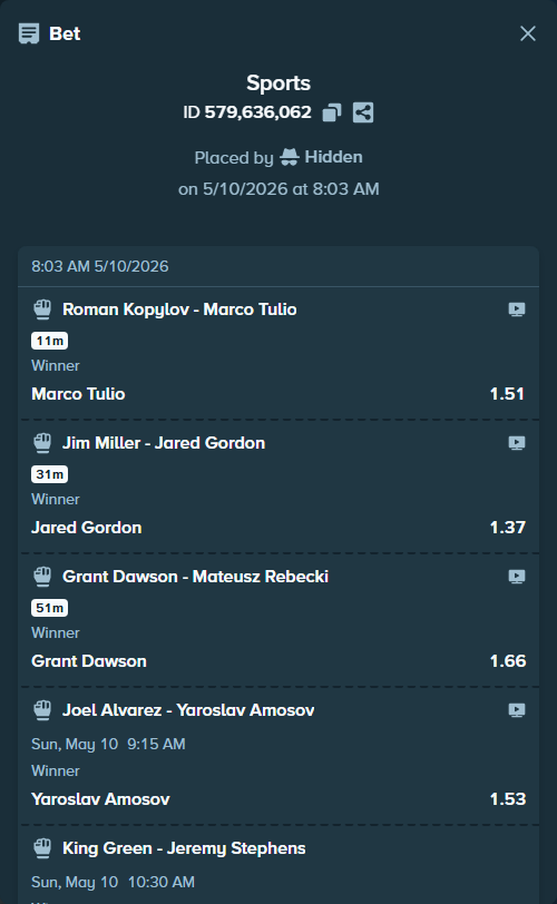 Bet slip: Khamzat Chimaev - Sean Strickland, $28,271.74 stake at 1.38 odds, placed by Hidden