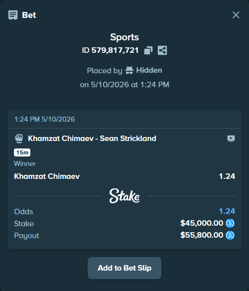 Bet slip: Khamzat Chimaev - Sean Strickland, $45,000.00 stake at 1.24 odds, placed by Hidden