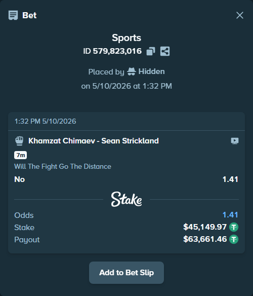 Bet slip: Khamzat Chimaev - Sean Strickland, $45,149.97 stake at 1.41 odds, placed by Hidden