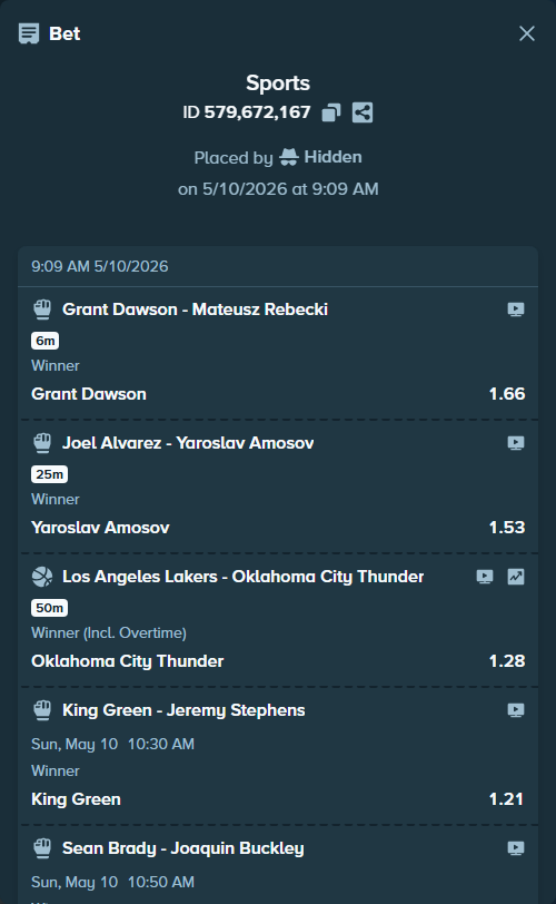 Bet slip: Khamzat Chimaev - Sean Strickland, $35,379.52 stake at 1.20 odds, placed by Hidden