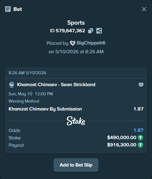 Bet slip: Khamzat Chimaev - Sean Strickland, $490,000.00 stake at 1.87 odds, placed by BigChippah6