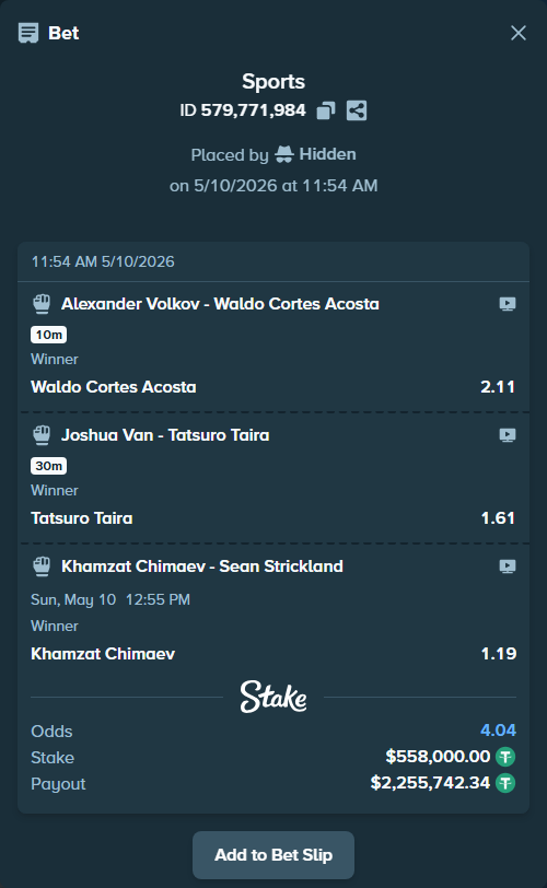 Bet slip: Khamzat Chimaev - Sean Strickland, $558,000.00 stake at 1.19 odds, placed by Hidden