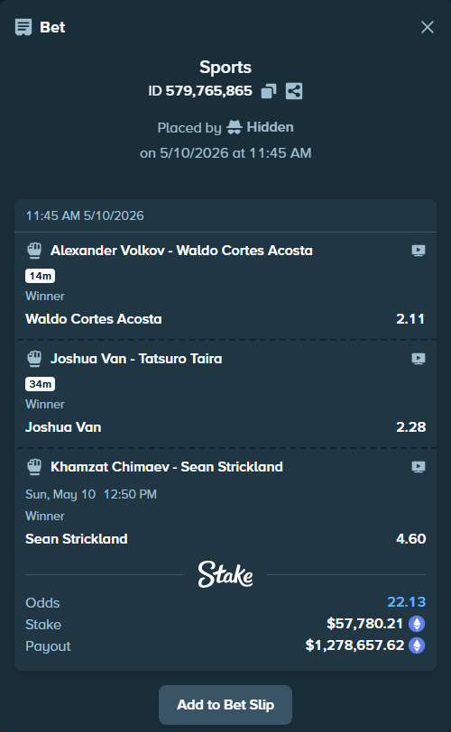 Bet slip: Khamzat Chimaev - Sean Strickland, $43,148.42 stake at 4.60 odds, placed by Hidden