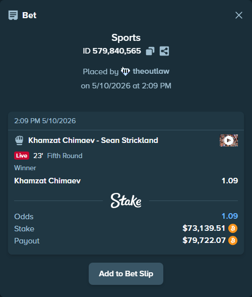 Bet slip: Khamzat Chimaev - Sean Strickland, $58,096.58 stake at 1.09 odds, placed by theoutlaw