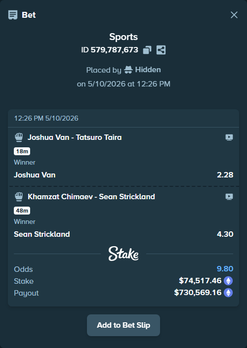 Bet slip: Khamzat Chimaev - Sean Strickland, $55,530.95 stake at 4.30 odds, placed by Hidden