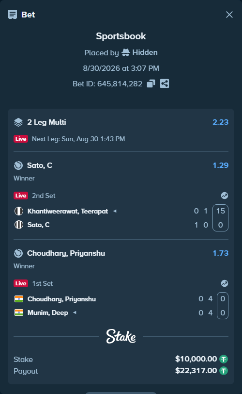 Bet slip: Khantiweerawat, Teerapat - Sato, C, $10,000.00 stake at 1.29 odds, placed by Hidden