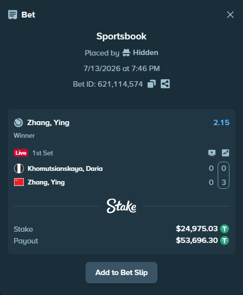 Bet slip: Khomutsianskaya, Daria - Zhang, Ying, $25,000.00 stake at 2.15 odds, placed by Hidden