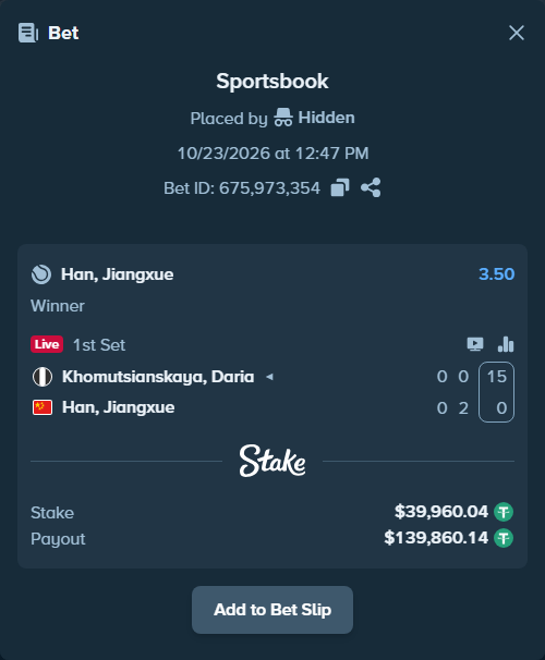 Bet slip: Khomutsianskaya, Darya - Han, Jiangxue, $40,000.00 stake at 3.50 odds, placed by Hidden