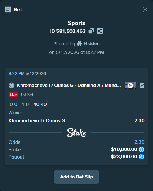 Bet slip: Khromacheva I / Olmos G - Danilina A / Muhammad A, $10,000.00 stake at 2.30 odds, placed by Hidden
