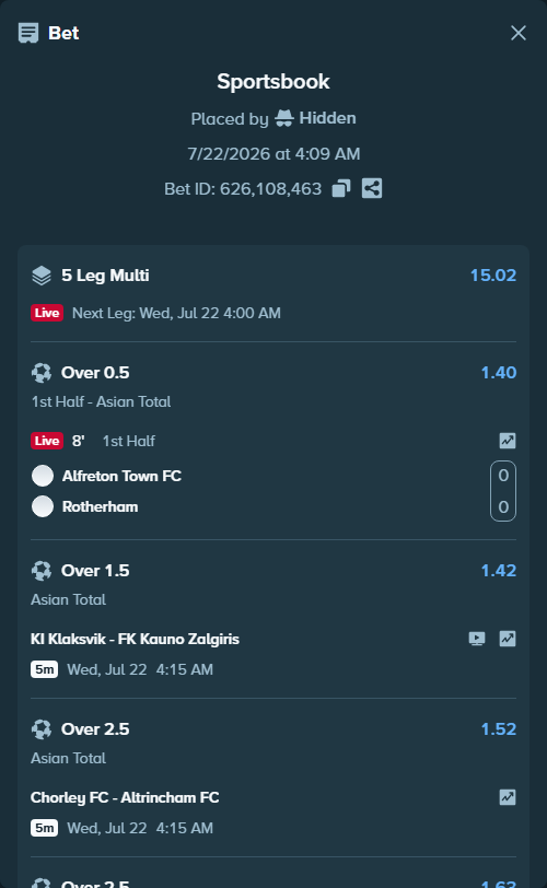 Bet slip: KI Klaksvik - FK Kauno Zalgiris, $16,461.98 stake at 1.42 odds, placed by Hidden