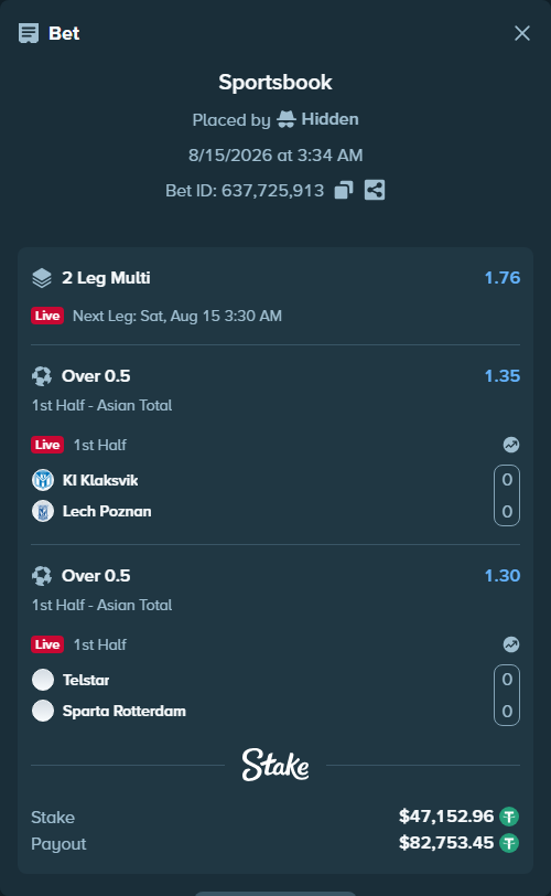 Bet slip: KI Klaksvik - Lech Poznan, $47,200.12 stake at 1.35 odds, placed by Hidden