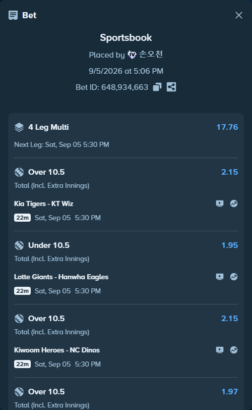 Bet slip: Kia Tigers - KT Wiz, $21,564.24 stake at 2.15 odds, placed by 손오천