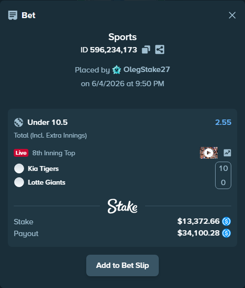 Bet slip: Kia Tigers - Lotte Giants, $13,372.66 stake at 2.55 odds, placed by OlegStake27