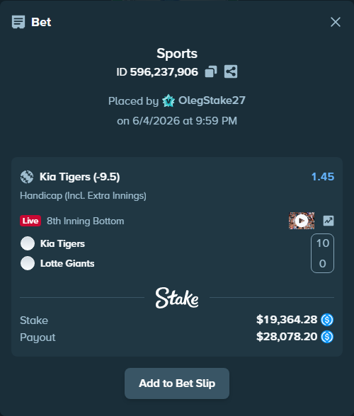 Bet slip: Kia Tigers - Lotte Giants, $19,364.28 stake at 1.45 odds, placed by OlegStake27