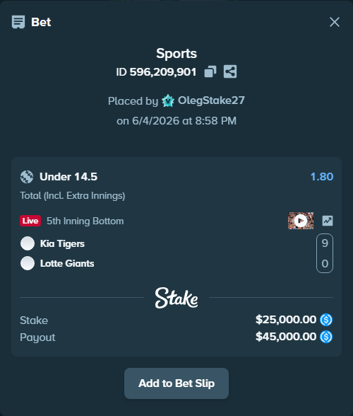 Bet slip: Kia Tigers - Lotte Giants, $25,000.00 stake at 1.80 odds, placed by OlegStake27