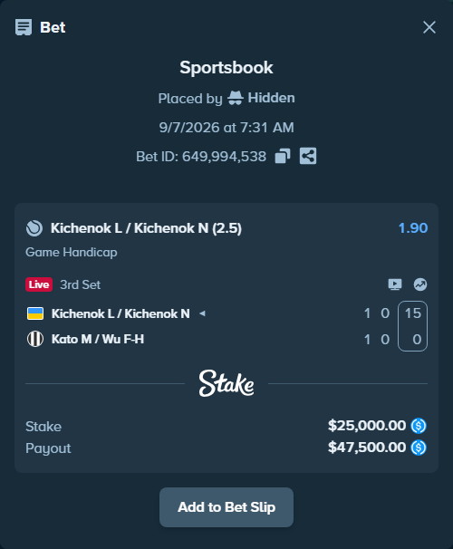 Bet slip: Kichenok L / Kichenok N - Kato M / Wu F-H, $25,000.00 stake at 1.90 odds, placed by Hidden