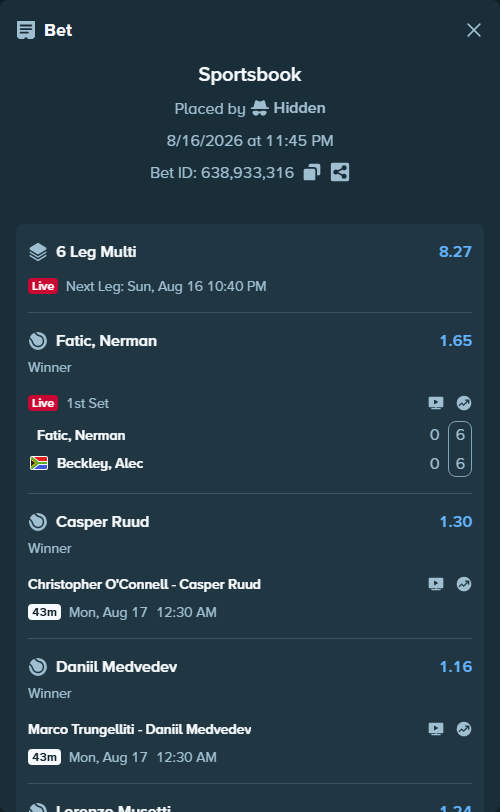 Bet slip: Kicker, Nicolas - Mrva, Maxim, $10,000.00 stake at 1.49 odds, placed by Hidden
