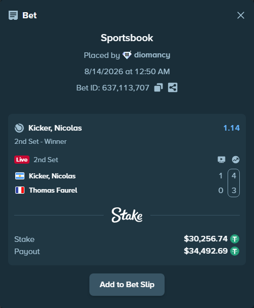 Bet slip: Kicker, Nicolas - Thomas Faurel, $30,287.00 stake at 1.14 odds, placed by diomancy