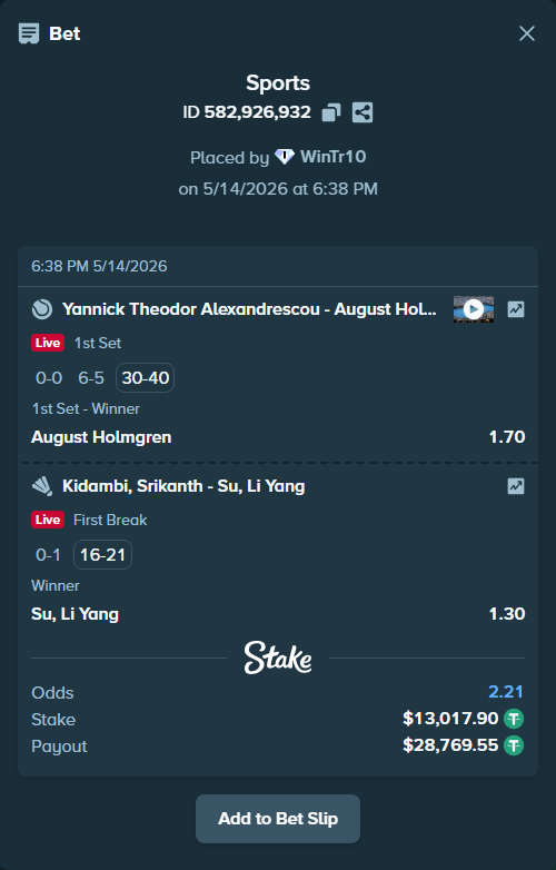 Bet slip: Kidambi, Srikanth - Su, Li Yang, $13,017.90 stake at 1.30 odds, placed by WinTr10