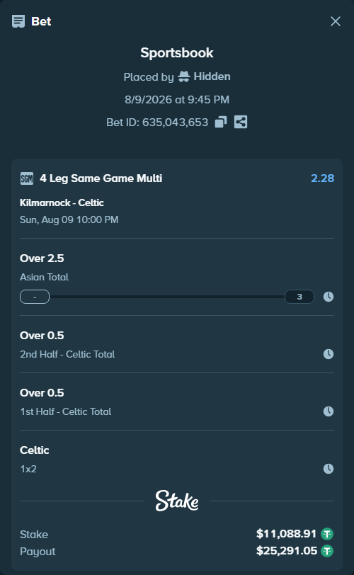 Bet slip: Kilmarnock - Celtic, $11,100.00 stake at 1.44 odds, placed by Hidden