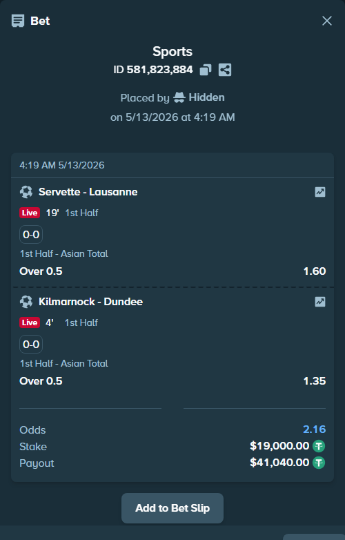 Bet slip: Kilmarnock - Dundee, $19,000.00 stake at 1.35 odds, placed by rmaghsdudthd