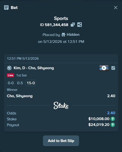 Bet slip: Kim, D - Cho, Sihyeong, $10,008.00 stake at 2.40 odds, placed by Hidden