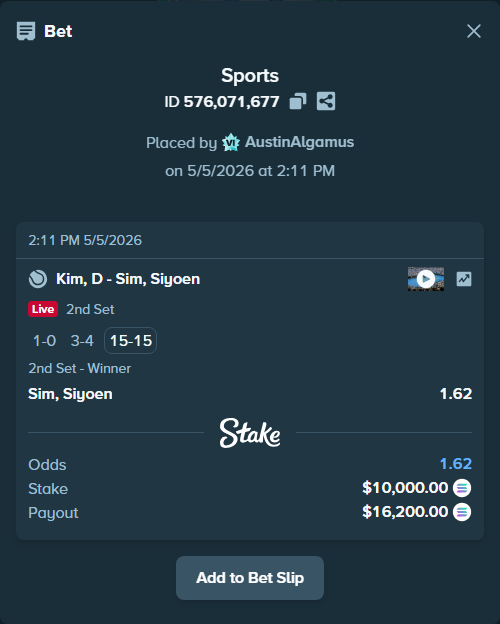 Bet slip: Kim, D - Sim, Siyoen, $8,690.06 stake at 1.62 odds, placed by AustinAlgamus
