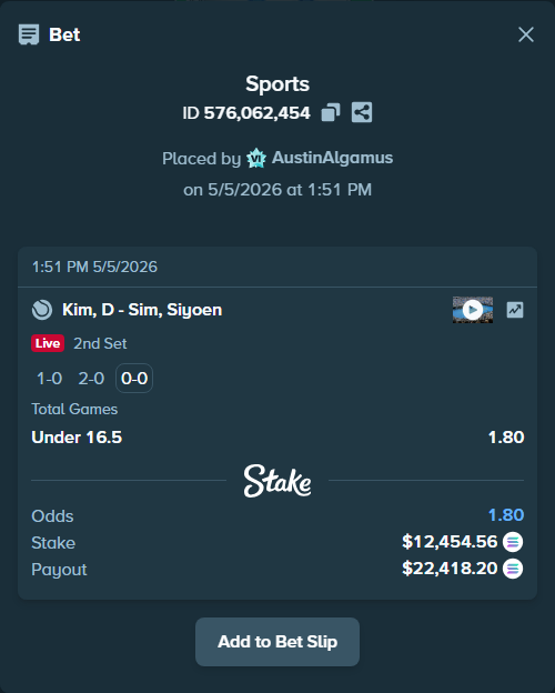 Bet slip: Kim, D - Sim, Siyoen, $10,813.93 stake at 1.80 odds, placed by AustinAlgamus