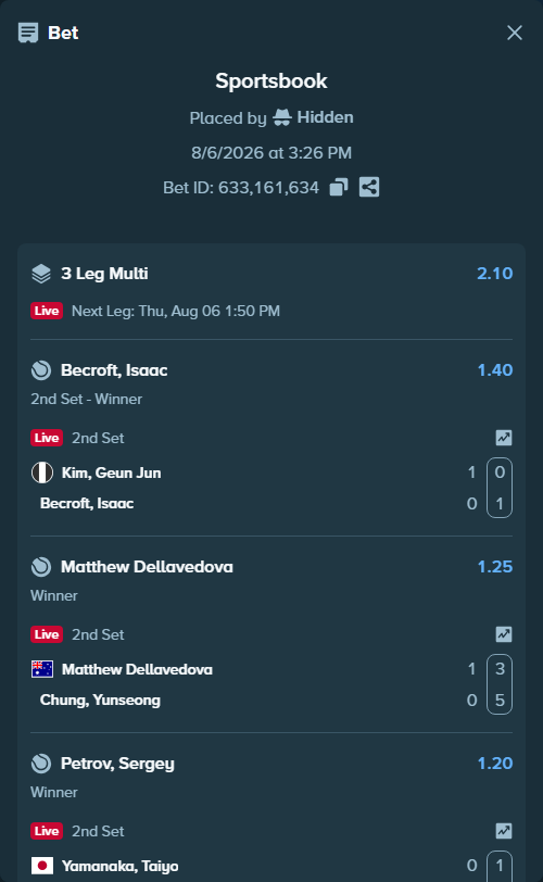 Bet slip: Kim, Geun Jun - Becroft, Isaac, $10,000.00 stake at 1.40 odds, placed by Hidden