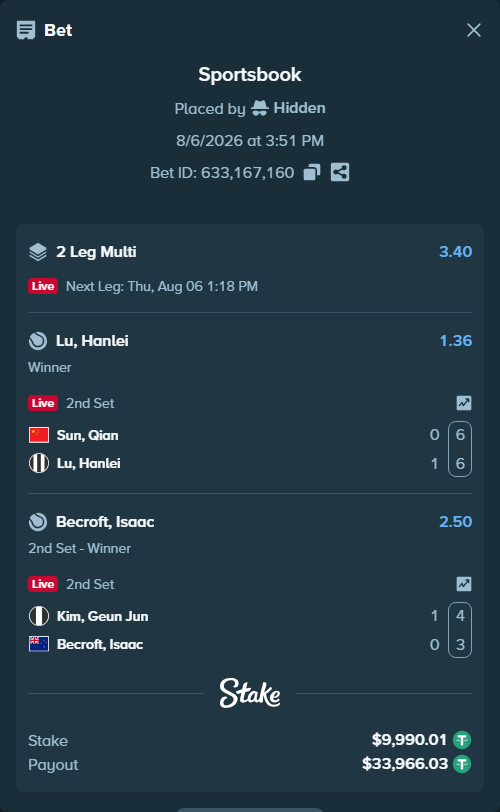Bet slip: Kim, Geun Jun - Becroft, Isaac, $10,000.00 stake at 2.50 odds, placed by Hidden