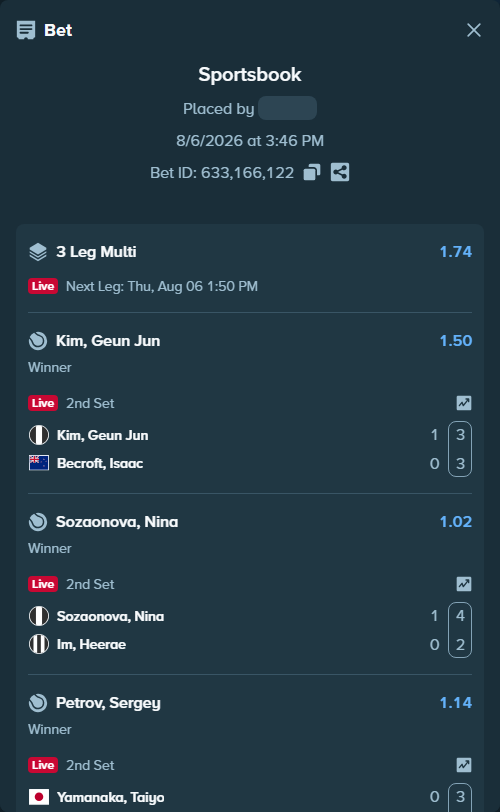 Bet slip: Kim, Geun Jun - Becroft, Isaac, $10,010.00 stake at 1.50 odds, placed by Agusbob