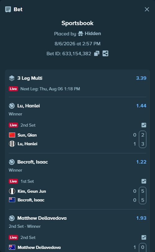 Bet slip: Kim, Geun Jun - Becroft, Isaac, $30,000.00 stake at 1.22 odds, placed by Hidden