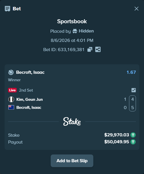 Bet slip: Kim, Geun Jun - Becroft, Isaac, $30,000.00 stake at 1.67 odds, placed by Hidden