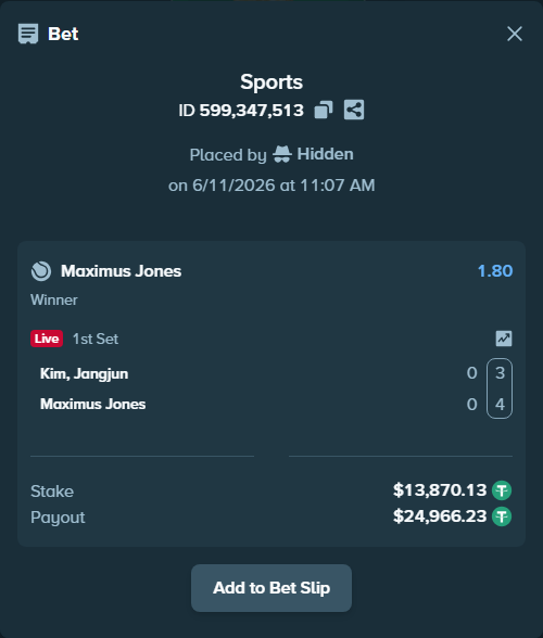 Bet slip: Kim, Jangjun - Maximus Jones, $13,884.00 stake at 1.80 odds, placed by Hidden