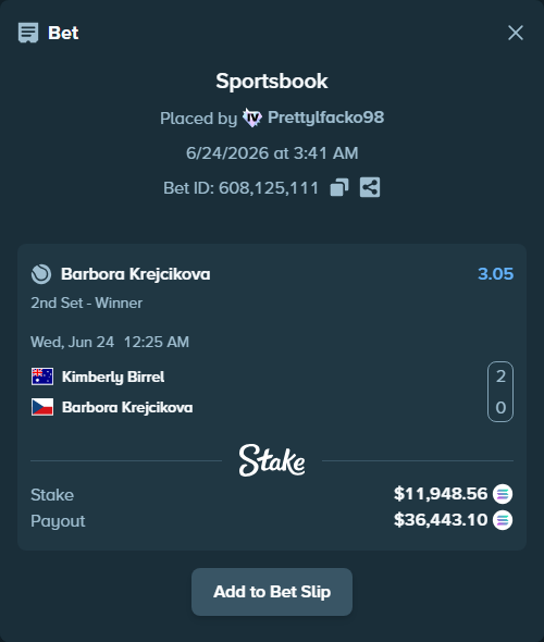 Bet slip: Kimberly Birrel - Barbora Krejcikova, $12,809.49 stake at 3.05 odds, placed by Prettylfacko98