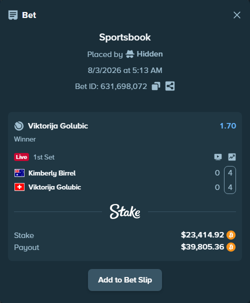 Bet slip: Kimberly Birrel - Viktorija Golubic, $23,797.03 stake at 1.70 odds, placed by Hidden