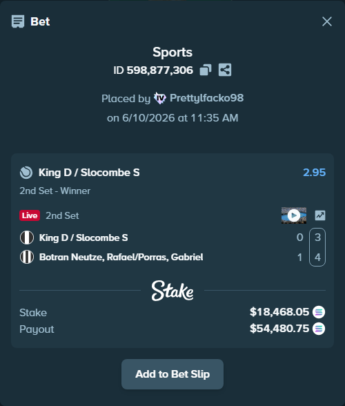 Bet slip: King D / Slocombe S - Botran Neutze, Rafael/Porras, Gabriel, $20,810.60 stake at 2.95 odds, placed by Prettylfacko98