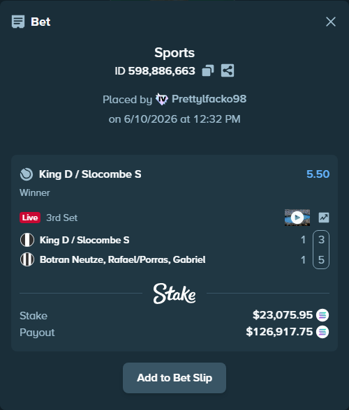 Bet slip: King D / Slocombe S - Botran Neutze, Rafael/Porras, Gabriel, $26,375.67 stake at 5.50 odds, placed by Prettylfacko98