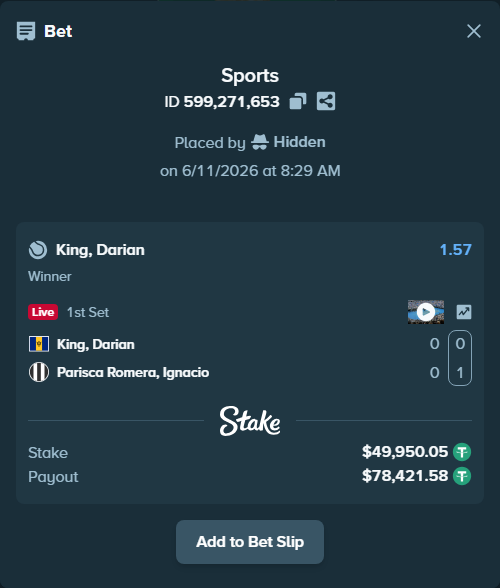 Bet slip: King, Darian - Parisca Romera, Ignacio, $50,000.00 stake at 1.57 odds, placed by Hidden