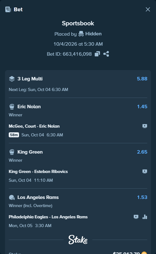 Bet slip: King Green - Esteban Ribovics, $25,012.79 stake at 2.65 odds, placed by Hidden