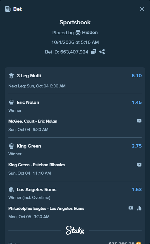 Bet slip: King Green - Esteban Ribovics, $25,286.28 stake at 2.75 odds, placed by Hidden