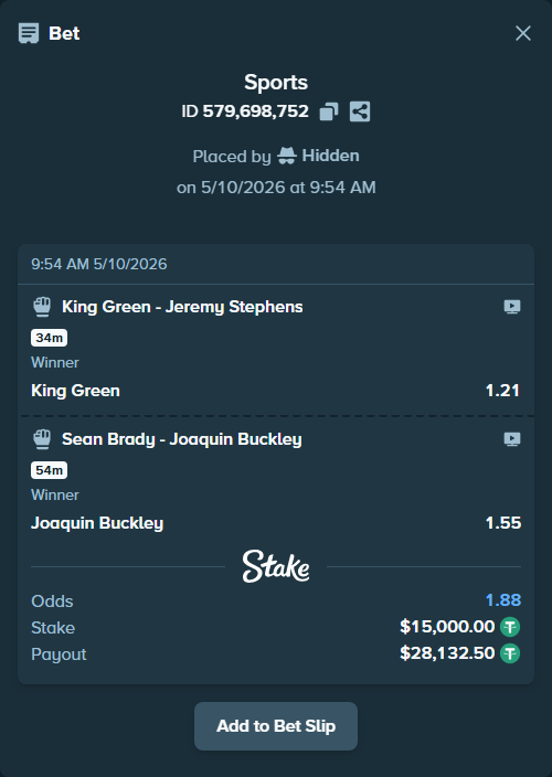 Bet slip: King Green - Jeremy Stephens, $15,000.00 stake at 1.21 odds, placed by Hidden