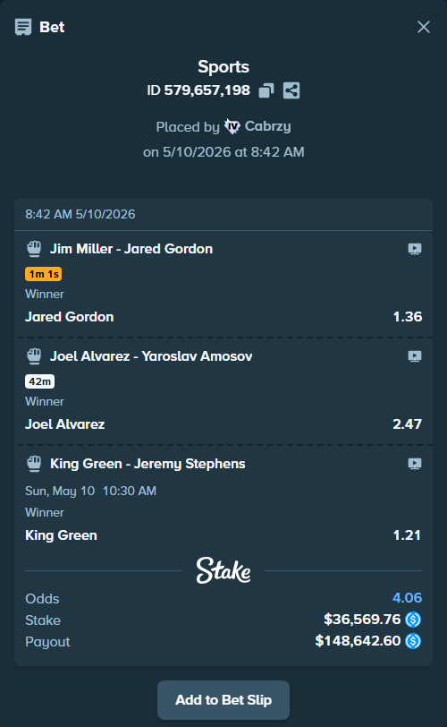 Bet slip: King Green - Jeremy Stephens, $36,569.76 stake at 1.21 odds, placed by Cabrzy