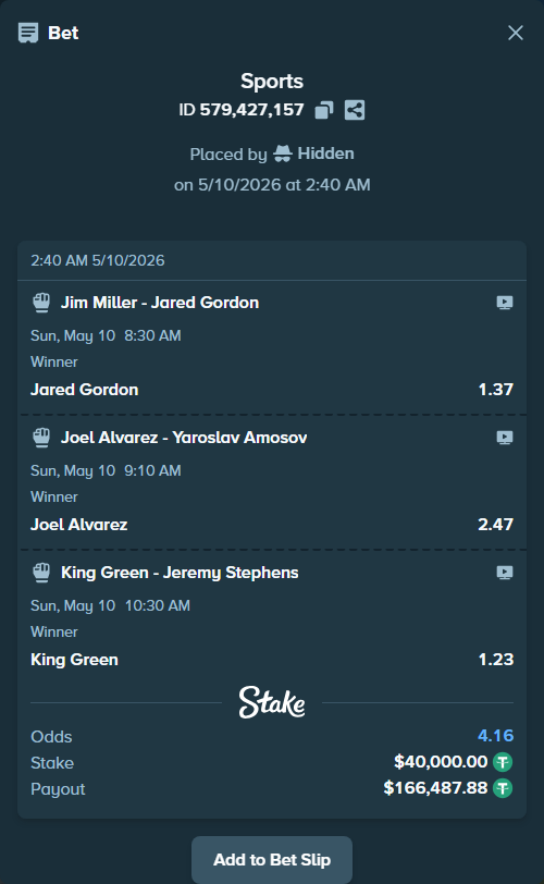 Bet slip: King Green - Jeremy Stephens, $40,000.00 stake at 1.23 odds, placed by Hidden