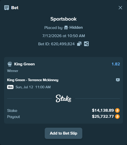 Bet slip: King Green - Terrance Mckinney, $14,233.20 stake at 1.82 odds, placed by theoutlaw