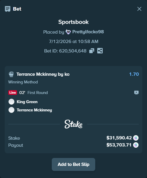 Bet slip: King Green - Terrance Mckinney, $30,119.27 stake at 1.70 odds, placed by Prettylfacko98