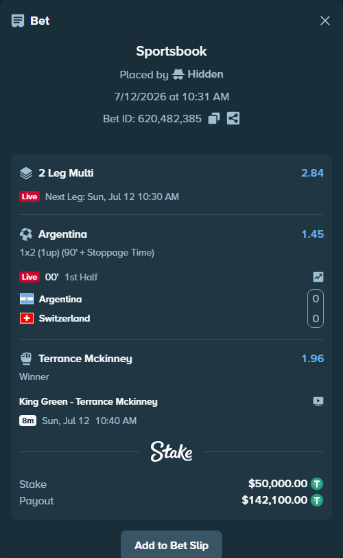 Bet slip: King Green - Terrance Mckinney, $50,050.00 stake at 1.96 odds, placed by Hidden